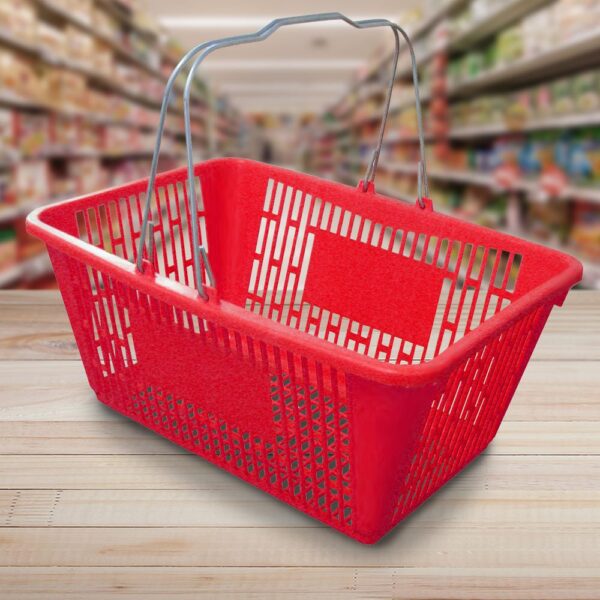 Red Jumbo Plastic Shopping Baskets with sign and stand - 12 Pack (88-700016)