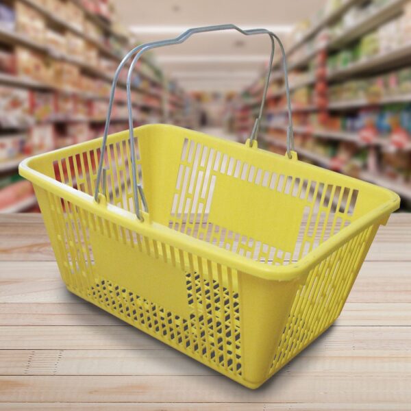 Yellow Plastic Shopping Baskets with sign/stand - 12 Pack (88-700003)