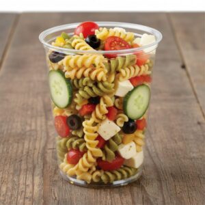 22 oz Deli Containers PET Plastic shown on a deli counter with pasta inside container