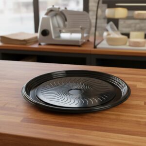 12" Flat Black Bulk Pack Tray Base black shown on deli counter