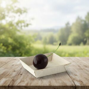 Mini Square Samurai Wooden Tray sample tray with cherry inside it