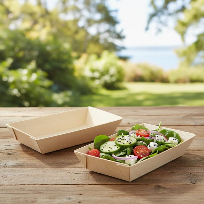 260403-Rectangular-Samurai-Wooden-Dish-10oz Rectangular Samurai Wooden Dish shown with salad