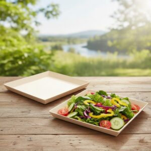Square Samurai Wooden Dish 42oz shown with salad inside dish