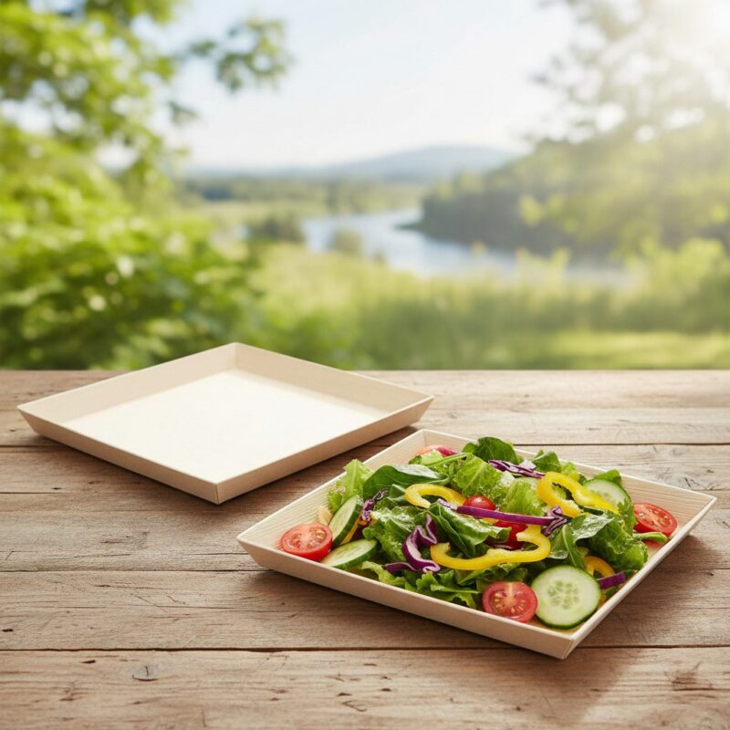 260420-Square-Samurai-Wooden-Dish-42oz Square Samurai Wooden Dish 42oz shown with salad inside dish