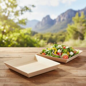 Square Samurai Wooden-Dish 8oz shown with salad inside dish