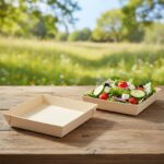 Square Samurai Wooden Tray 28oz shown with salad inside dish