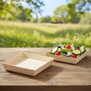 Square Samurai Wooden Tray 28oz shown with salad inside dish