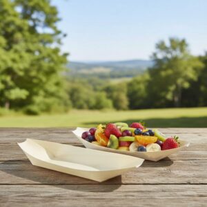 large wooden food boat 18oz with cut fruit inside