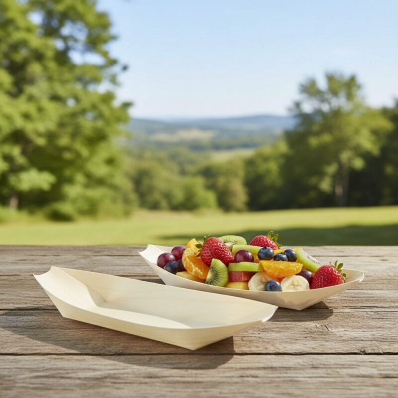 large wooden food boat 18oz with cut fruit inside