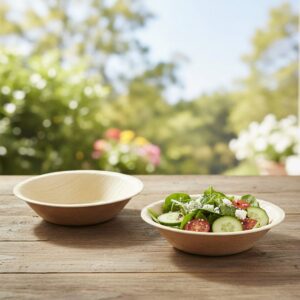 Palm Leaf Wood Bowl 6oz with salad inside