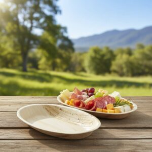 Medium Egg Shaped Palm Leaf Plate 9oz show with deli platter