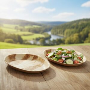 Egg Shaped Palm Leaf Plate LARGE with salad inside plate