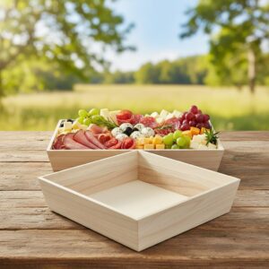 Heavy Duty Wooden Tray - 13x13x3 inches shown with deli meats and fruits