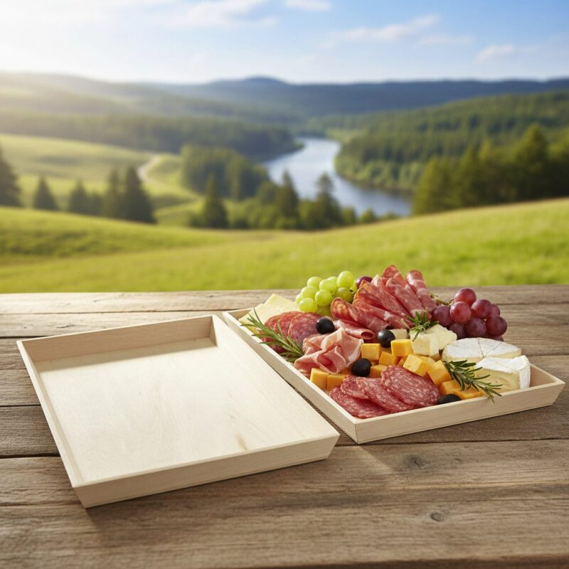 260457-Heavy-Duty-Wooden-Tray-15x11x1in Heavy Duty Wooden Tray 15.4 x 11.4 x 1.5 inches shown with deli tray on table