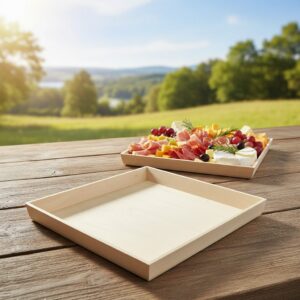 Heavy Duty Wooden Tray 17 x 17 x 1.75 inches with deli tray on table