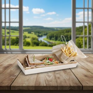 Heavy Duty Wooden Tray 17 x 7.5 x 1.5 inches shown with sandwich and fries inside the tray