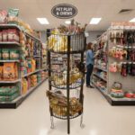 Black 3 Tier Circular Wire Dump Bin shown in aisle with product inside
