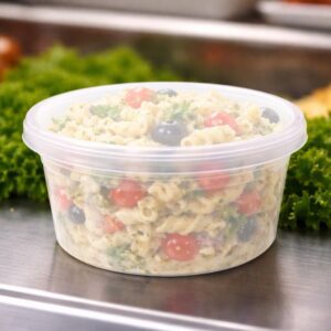 8 oz Heavy Duty Deli Container with pasta salad inside