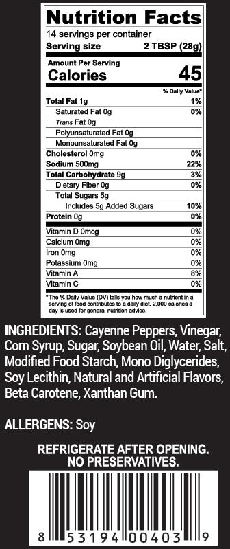 Sparky's Sauce hot nutritional label