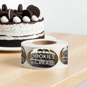 Cookies and Cream Label Bakery Flavor Stickers on a roll of 500 labels