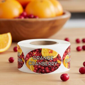 Orange Cranberry flavor Labels on a roll of 500 stickers