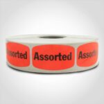assorted label with red background on roll of stickers