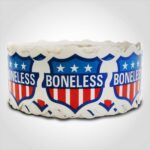 boneless label sticker with red, blue and white design