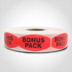 bonus pack label with red background on roll of stickers