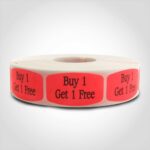 buy 1 get 1 free label with red background on roll of stickers
