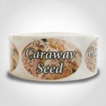 Caraway Seed Label Flavor Oval Sticker with Caraway Seeds pictured in the background with the word Caraway Seed printed on top on roll of stickers