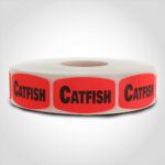 catfish label with red background on roll of stickers