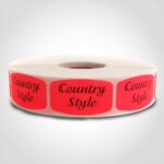 country style label with red background on roll of stickers