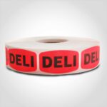 deli label with red background on roll of stickers