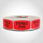 family pak label with red background on roll of stickers