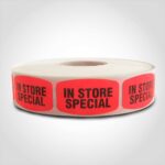 in store special label with red background on roll of stickers