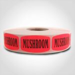 mushroom label with red background on roll of stickers