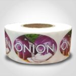 Onion Bread Label Flavor Oval Sticker with Onions pictured in the background with the word Onion printed on top on roll of stickers