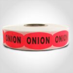 onion label with red background on roll of stickers