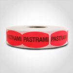 pastrami label with red background on roll of stickers