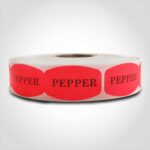 pepper label with red background on roll of stickers