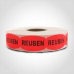 rueben label with red background on roll of stickers