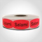 salami label with red background on roll of stickers
