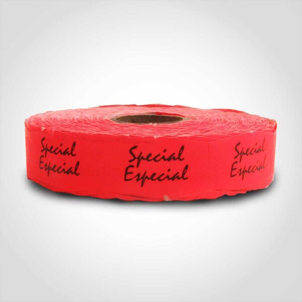 Special Especial Label bilingual sticker on red background black print 1 roll of 1000