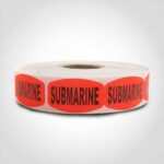 submarine sandwich label with red background on roll of stickers