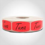 tuna label with red background on roll of stickers