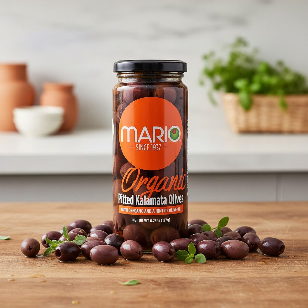 47373-Mario-Kalamata-Olives-Pitted-with-Oregano Mario Kalamata Olives Pitted with Oregano and Touch Of Olive Oil 6.25 oz. pack of 6