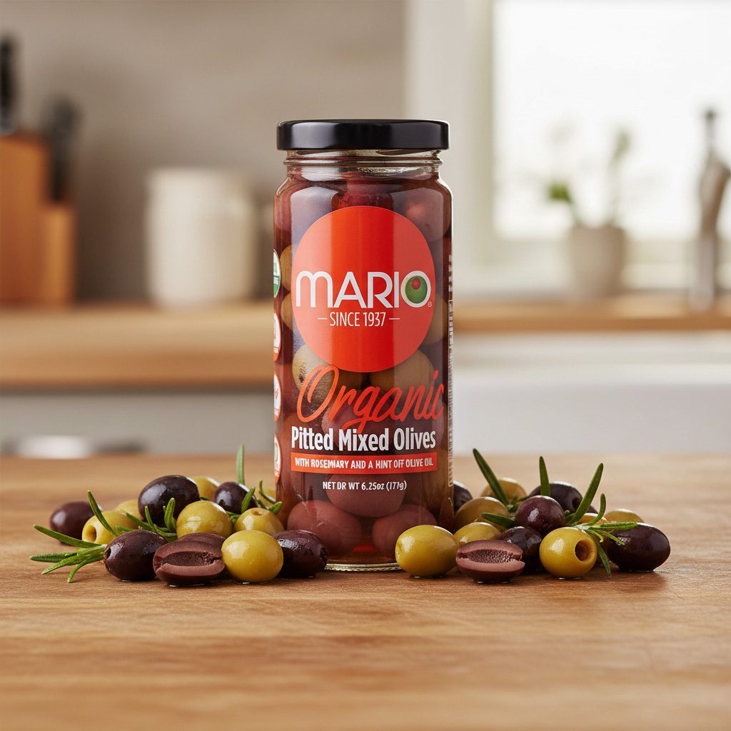 47375-Mario-Kalamata-and-Green-Olives-Pitted Mario Kalamata and Green Olives Pitted with Rosemary and Olive Oil 6.25 oz. case pack of 6