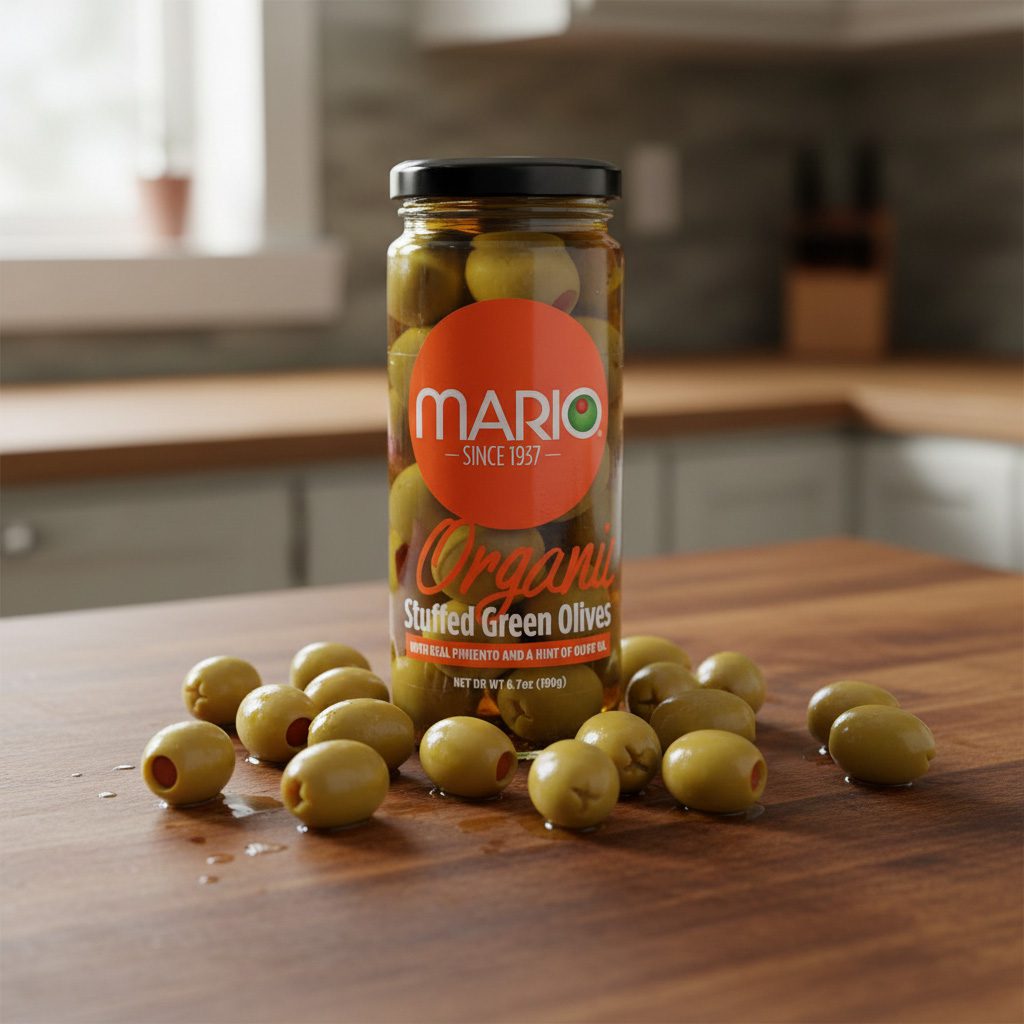 47376-Mario-Green-Olives-Stuffed-with-Real-Pimiento Mario Green Olives Stuffed with Real Pimiento and Touch Of Olive Oil 6.7 oz. in a 6 pack