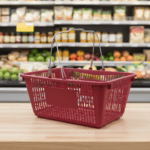 Maroon Jumbo Plastic Shopping Baskets with sign and stand case of 12