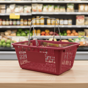 Maroon Jumbo Plastic Shopping Baskets with sign and stand case of 12
